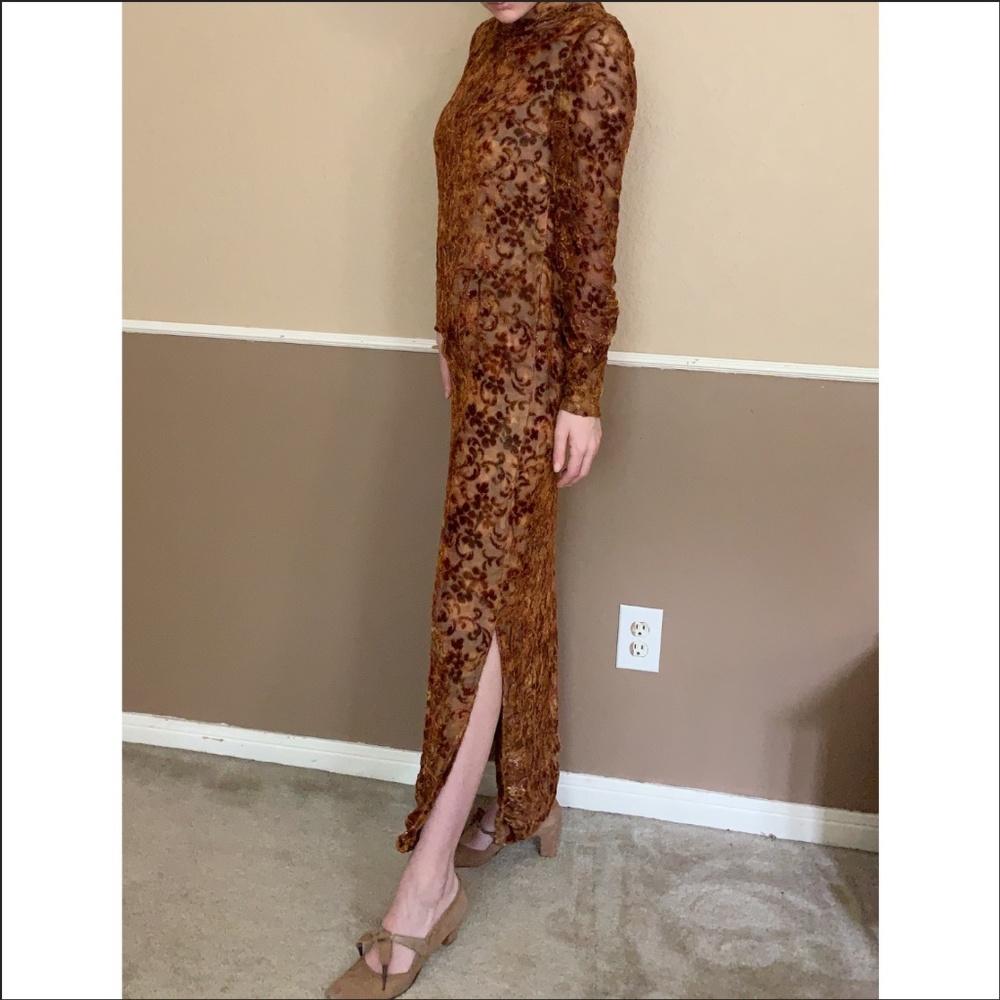 Vintage 50's Brown Velvet Chiffon Maxi Dress